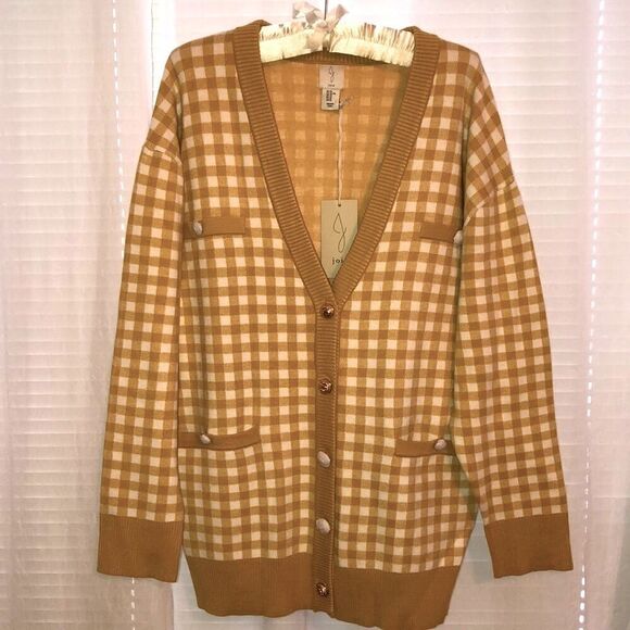 joie L XL Gold White Gingham Boyfriend Cardigan Gold Button Down Pockets - Picture 3 of 11